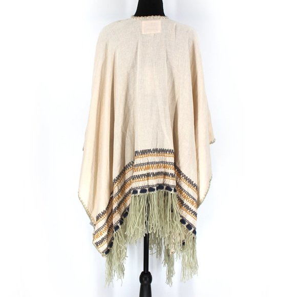 Johnny Was Biya Cream Aro Cotton Linen Embroidered Poncho Wrap Fringe Trim S NEW - Picture 5 of 9